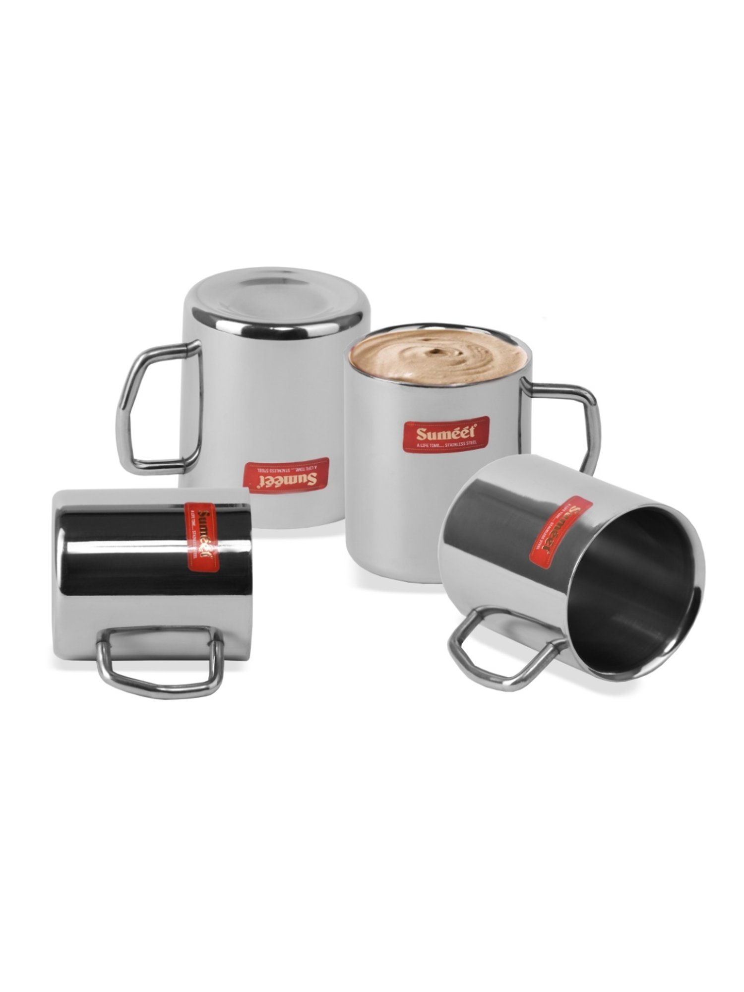Sumeet Stainless Steel Double Wall Tea and Coffee Medium Mug set of 4Pcs (210 Ml Each)