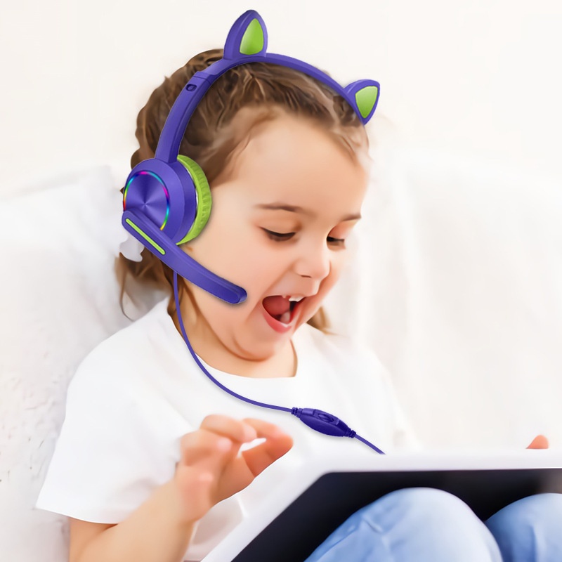 AKZ-020 Wired Headphones Stereo Super Bass 40MM Drivers Earphone RGB Luminous Foldable Head-Mounted Cute Cat Ear Gaming Headset Review Education Machine with Mic-Dark Blue