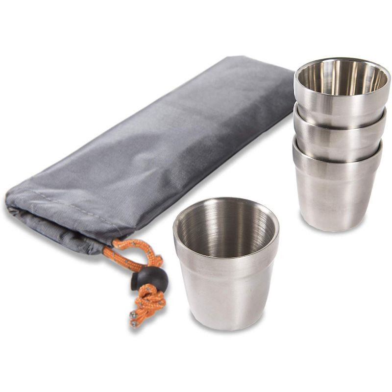 nCamp Basic 6 Ounce Stainless Steel Stackable Cups Camping Set and Carry Bag (4 Pack) Bundle with Outdoor Camping Espresso Style Caf&eacute; Coffee Maker