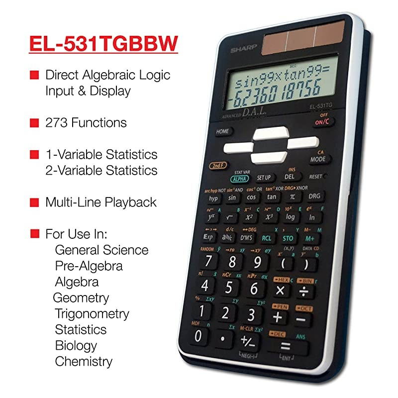 EL531TGBBW 12Digit ScientificEngineering Calculator with Protective Hard Cover Battery and Solar Hybrid Powered LCD Display Great for Students and Professionals BlackBlack and White