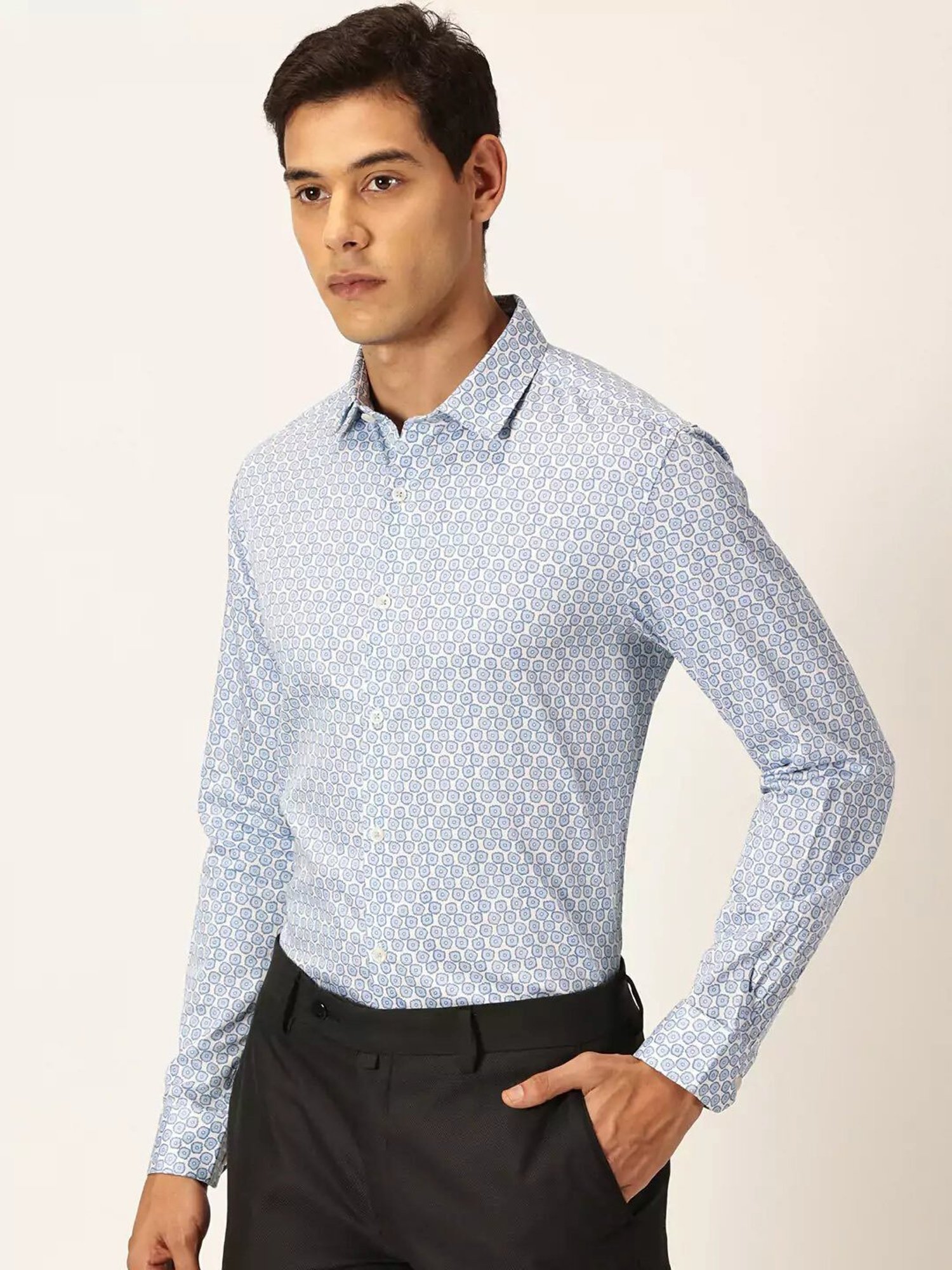 Thomas Scott White & Blue Slim Fit Printed Cotton Shirt