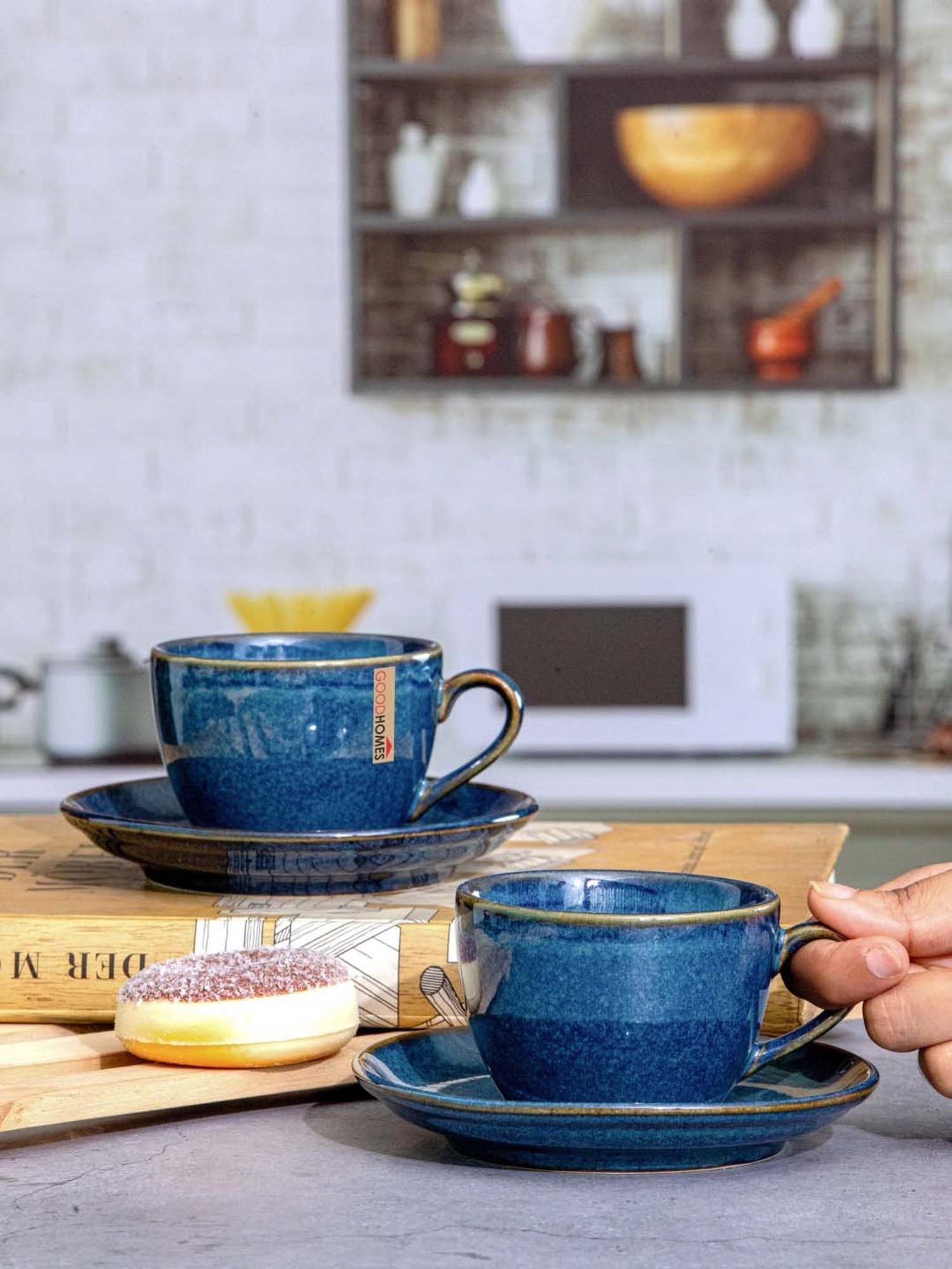 Goodhomes Blue Stoneware 4 Tea Cup & 4 Saucer(0.2 L)