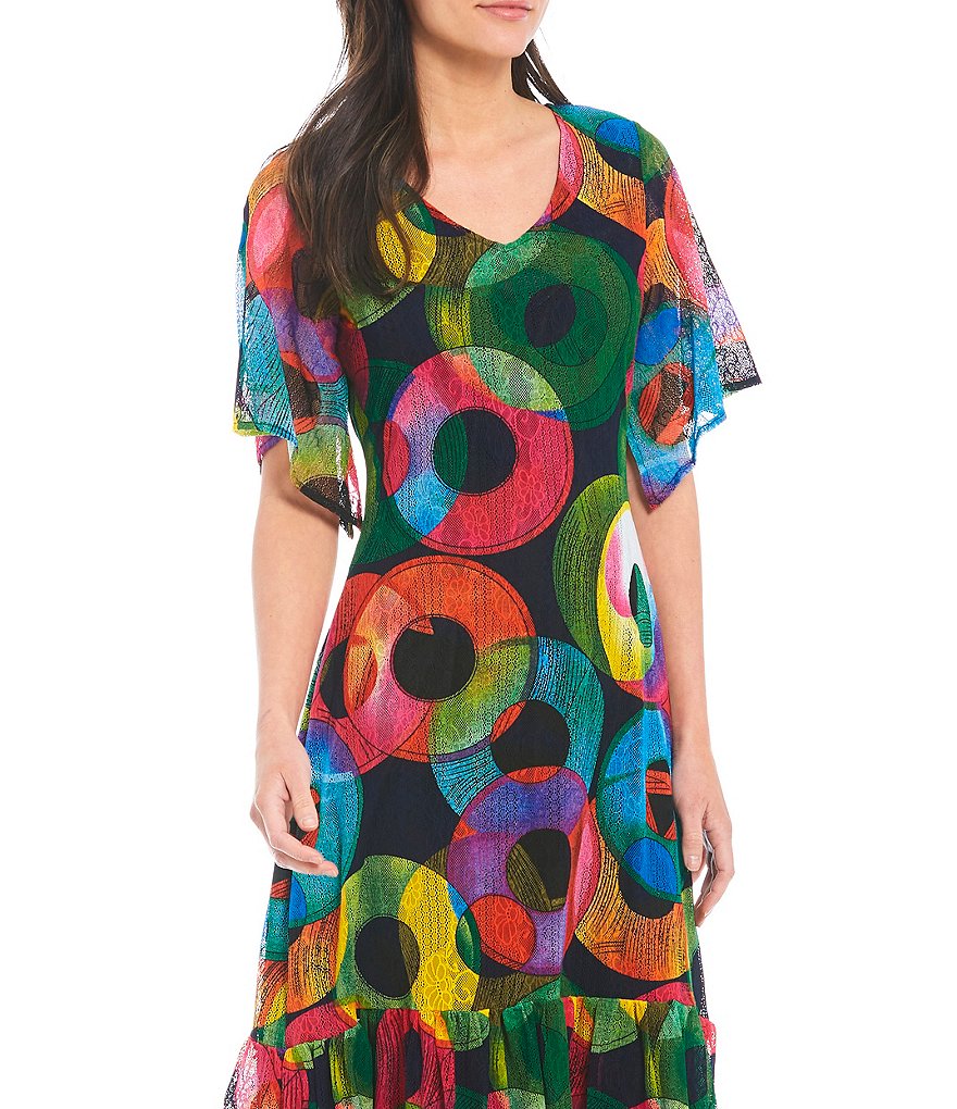 Calessa Abstract Multi Color Flutter Sleeve Mesh Dress
