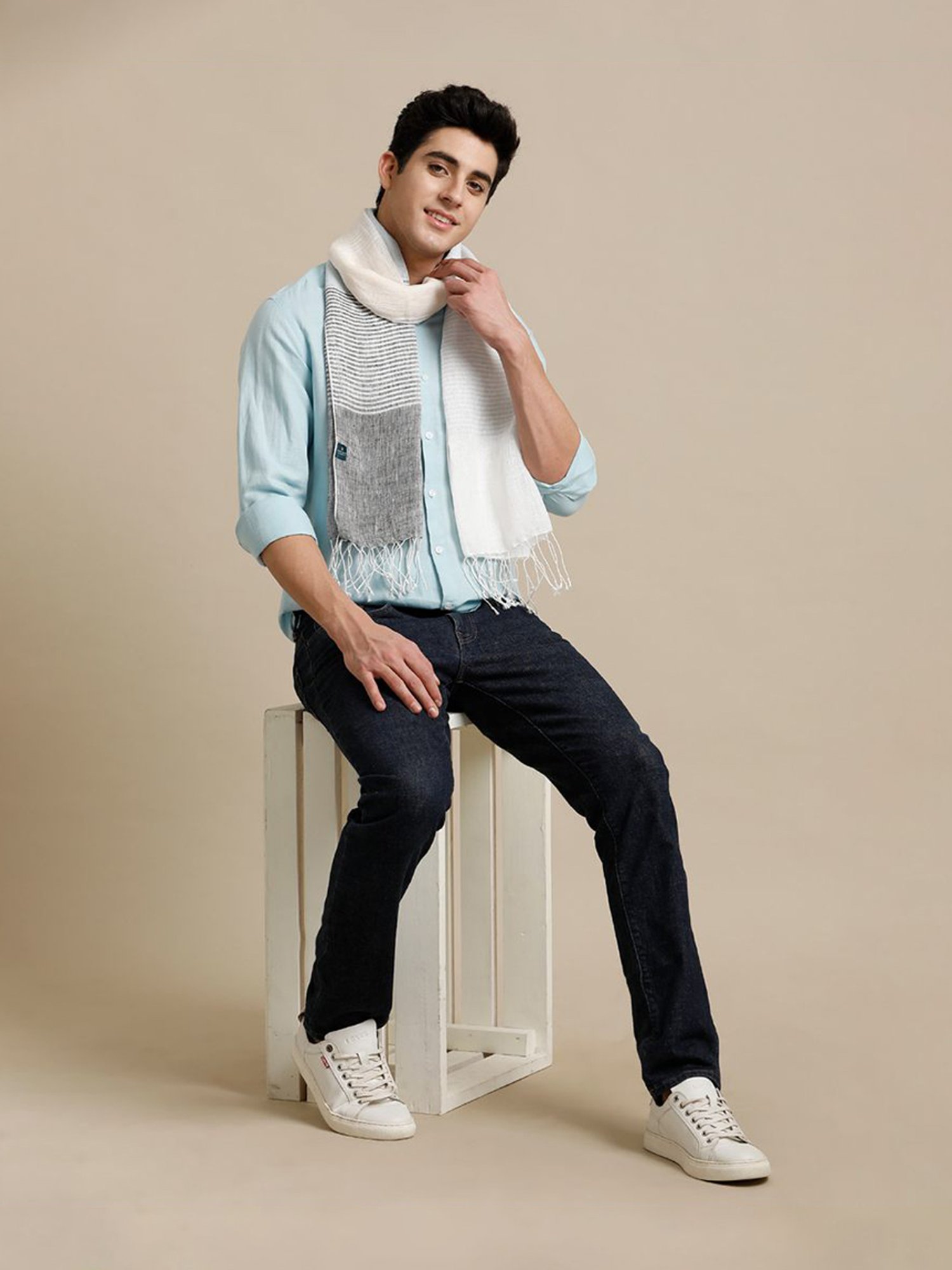 Linen Club Grey Striped Pure Linen Stole