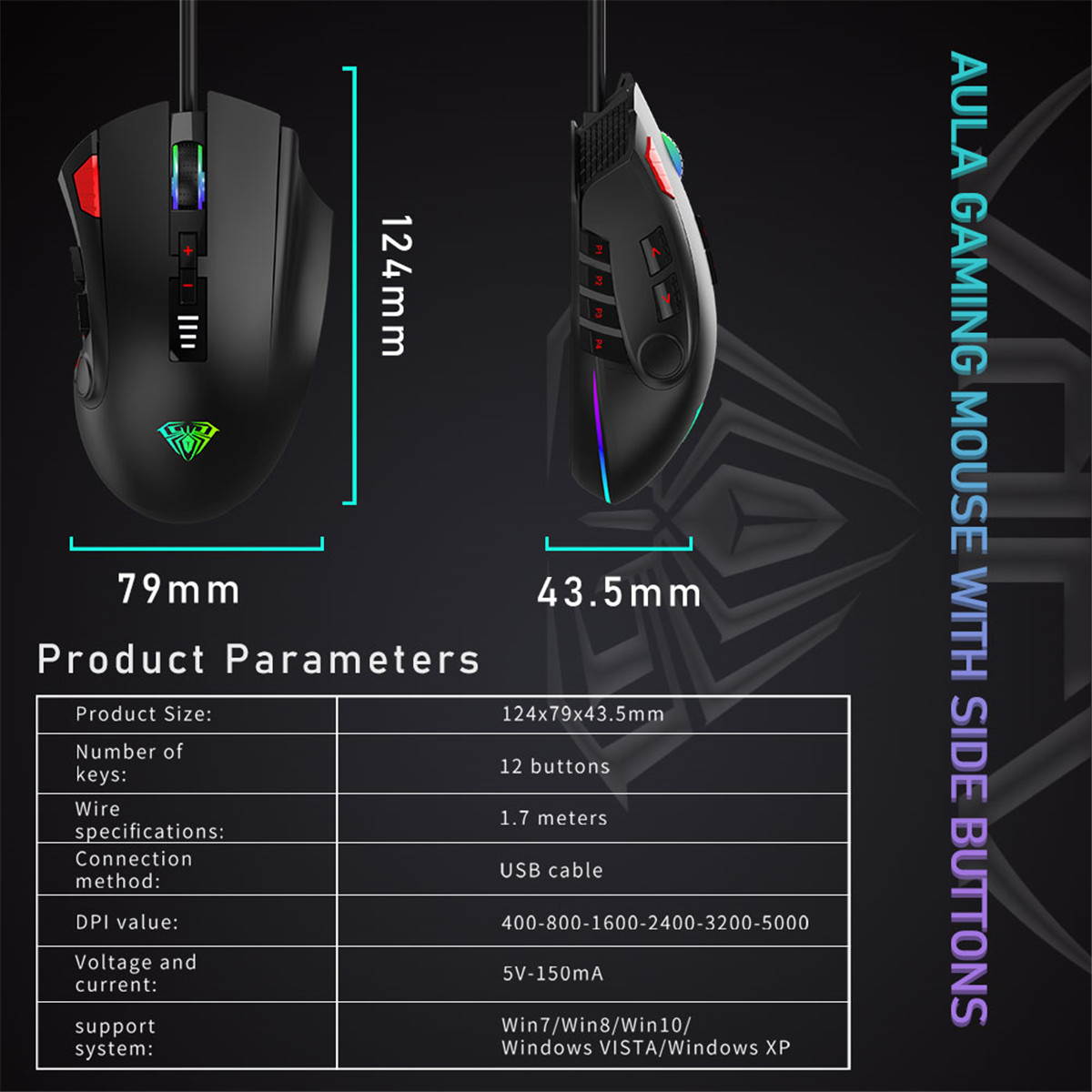Gaming Mouse with 7 Side Buttons Programmable, RGB Backlit, DPI & Weight Adjustable, High Performance Ergonomic Optical Desktop Laptop Computer Mice, USB Wired Plug Play (Black)