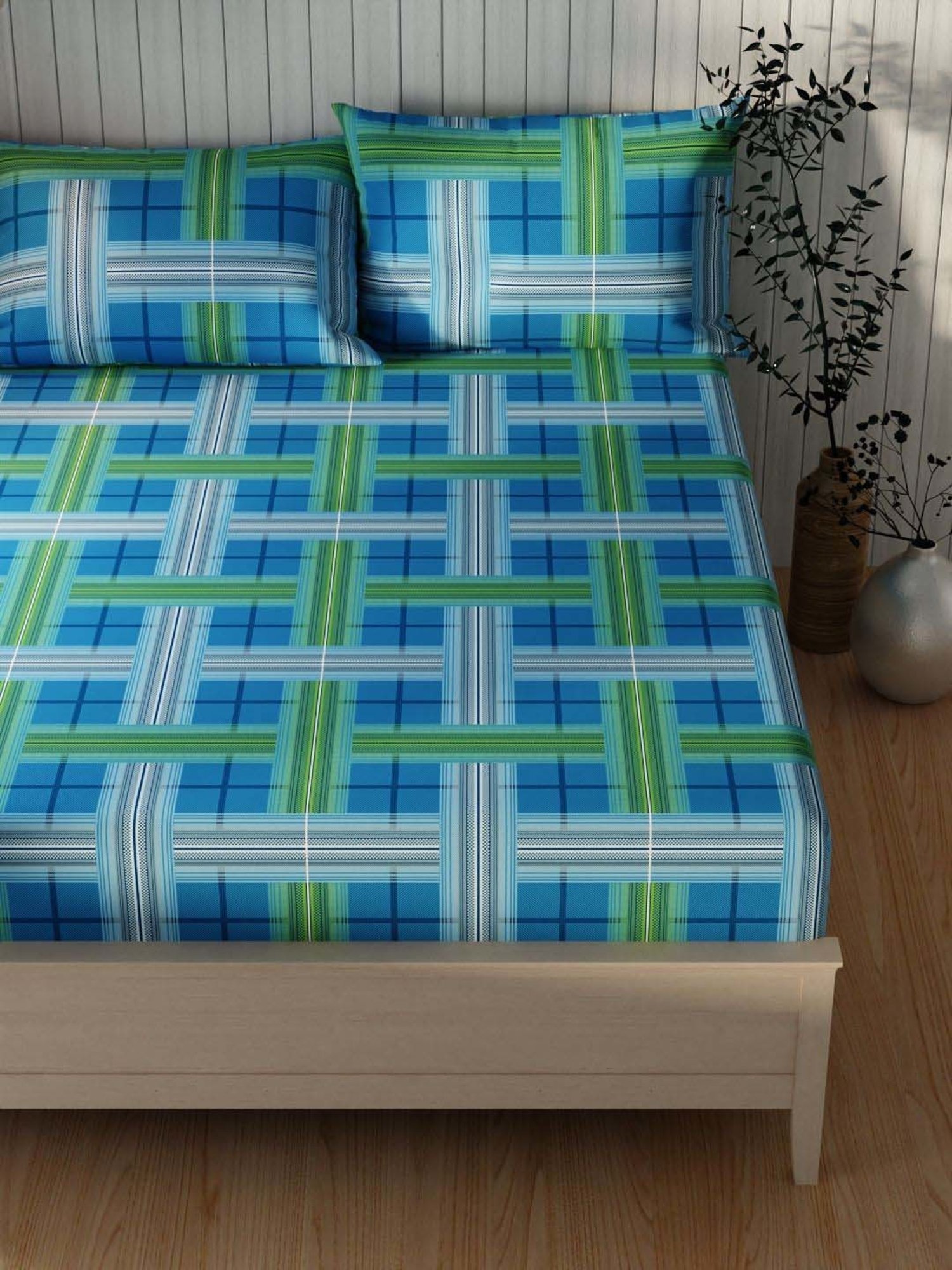 BIANCA Lopez Blue Cotton 120 TC Kopa Extra Smooth Double Size Bed Sheet With Pillow covers