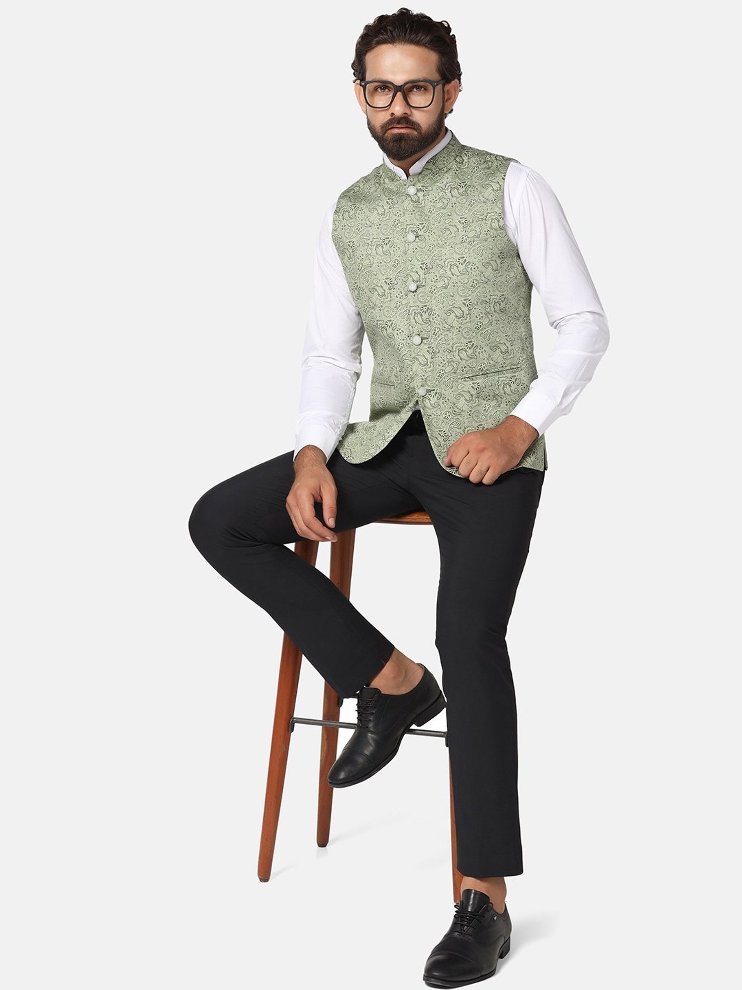 TAHVO Green Slim Fit Printed Nehru Jacket