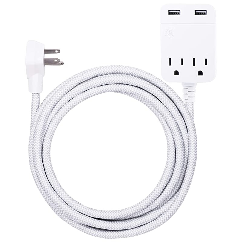 2 Outlet 2 USB Sur Protector, 12W/2.4A Total USB, 10 ft Braided Extension Cord, Flat Plug, for iPhone 11/Pro/Max/XS/XR/X/8, iPad Pro, Samsung Galaxy, Google Pixel, 250 Joules, White/Gray, 38432