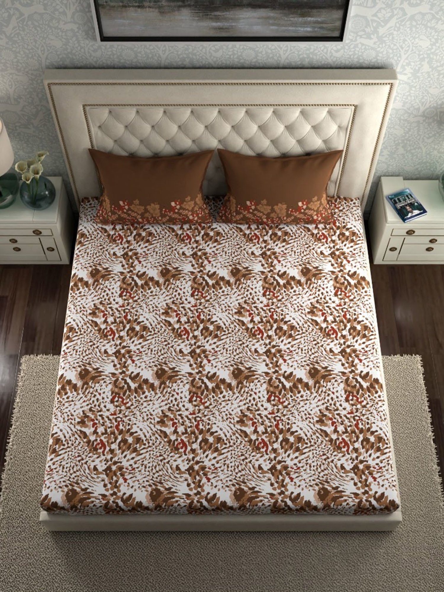 Trident Simply Modern Abstract Brown 120 TC Cotton Queen Bed Sheet with 2 Pillow Covers