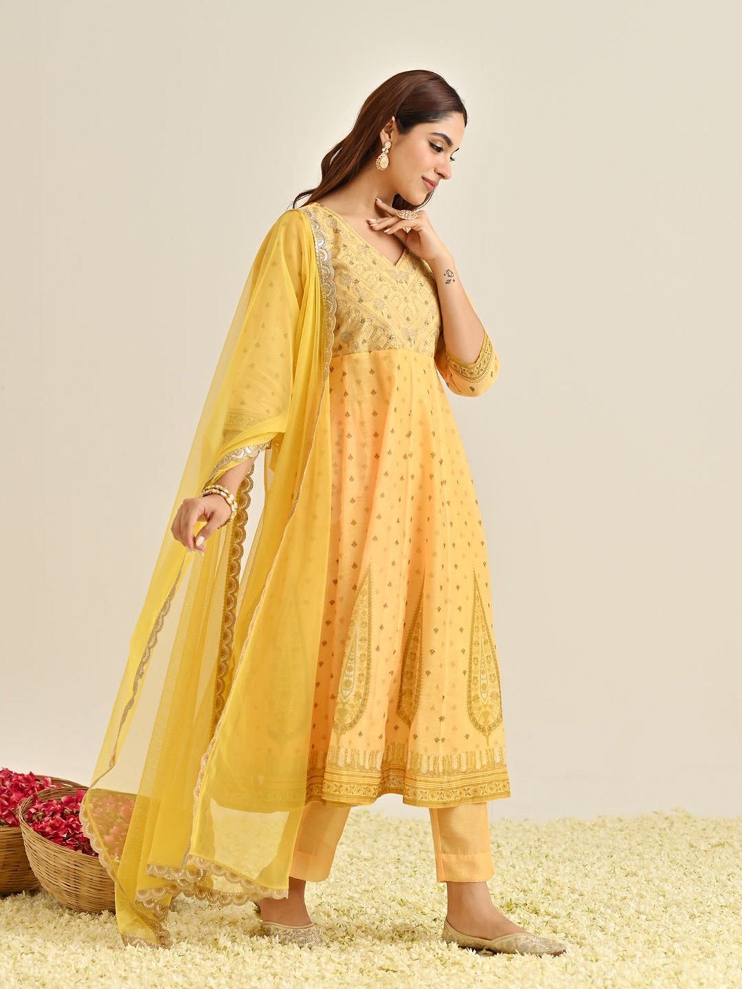 Rustorange Yellow Embroidered Kurta With Pant & Dupatta