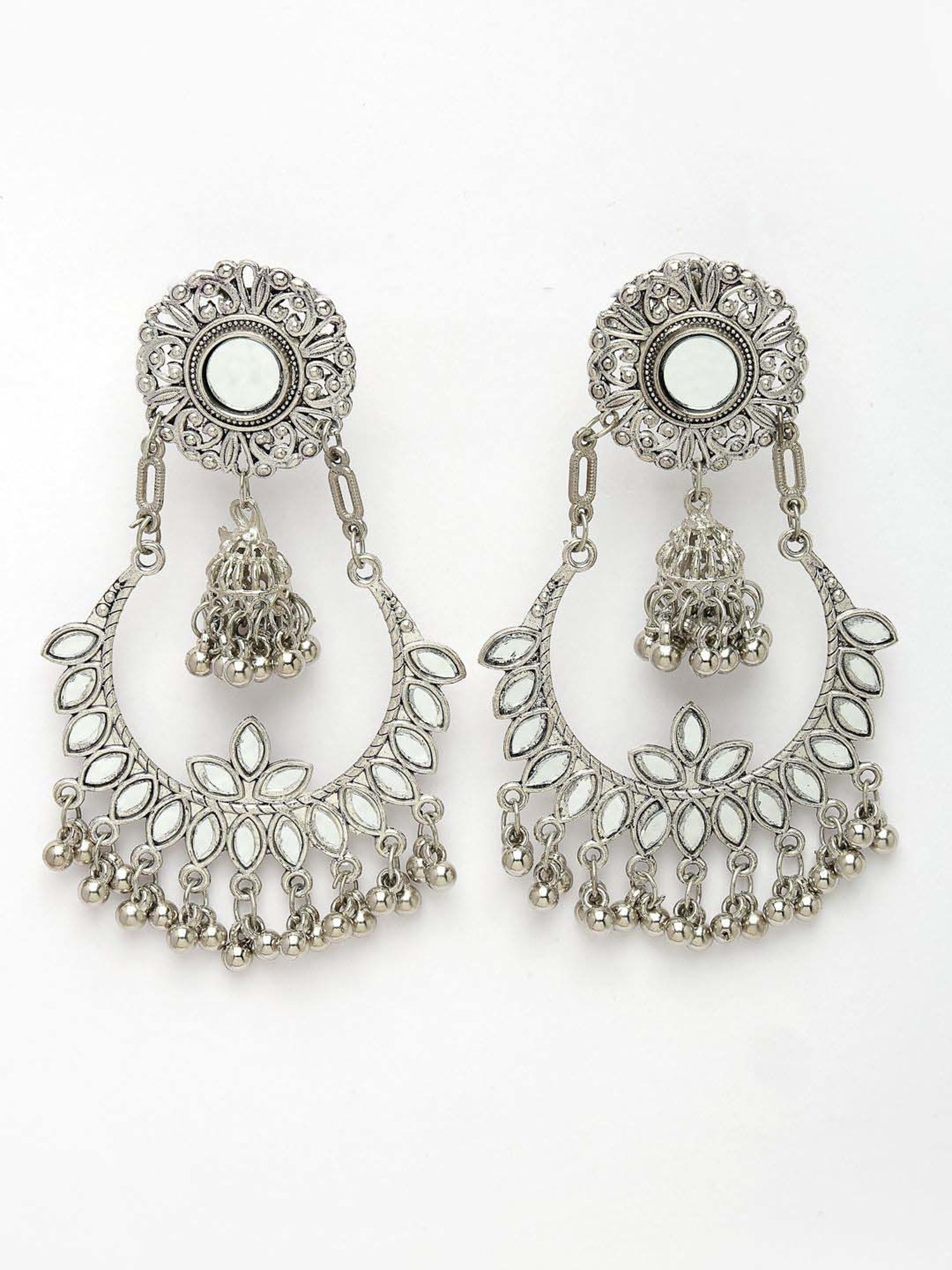 NVR Silver-Plated Mirror Work Oxidized Chand Bali Earrings for Women