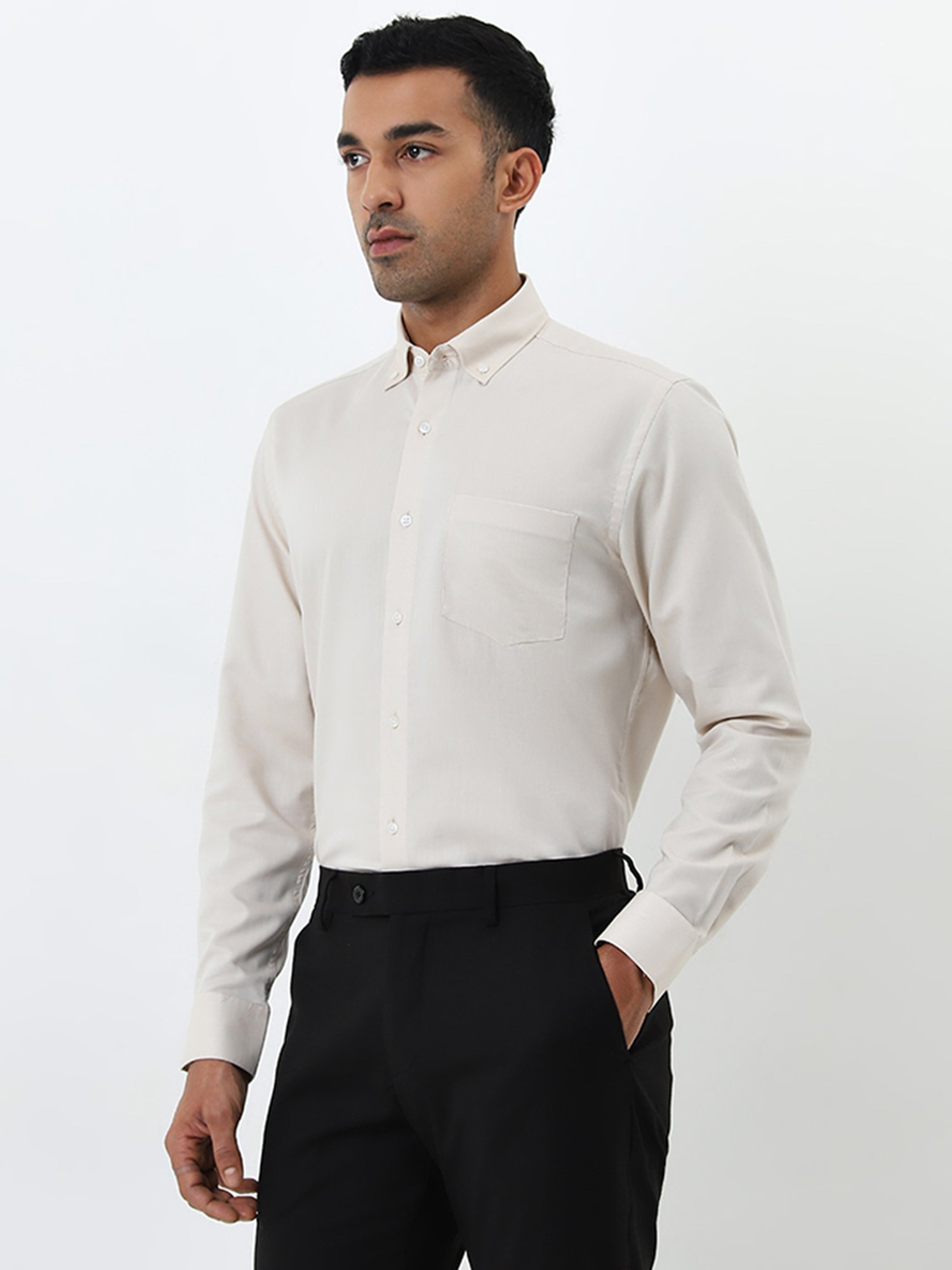 WES Formals by Westside Light Beige Solid Slim-Fit Cotton Shirt