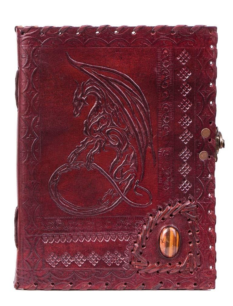 Handmade Large 8" Embossed Leather Journal Celtic two latches blue stone blank personal Diary notebook refillable journal gift (dragon with stone)