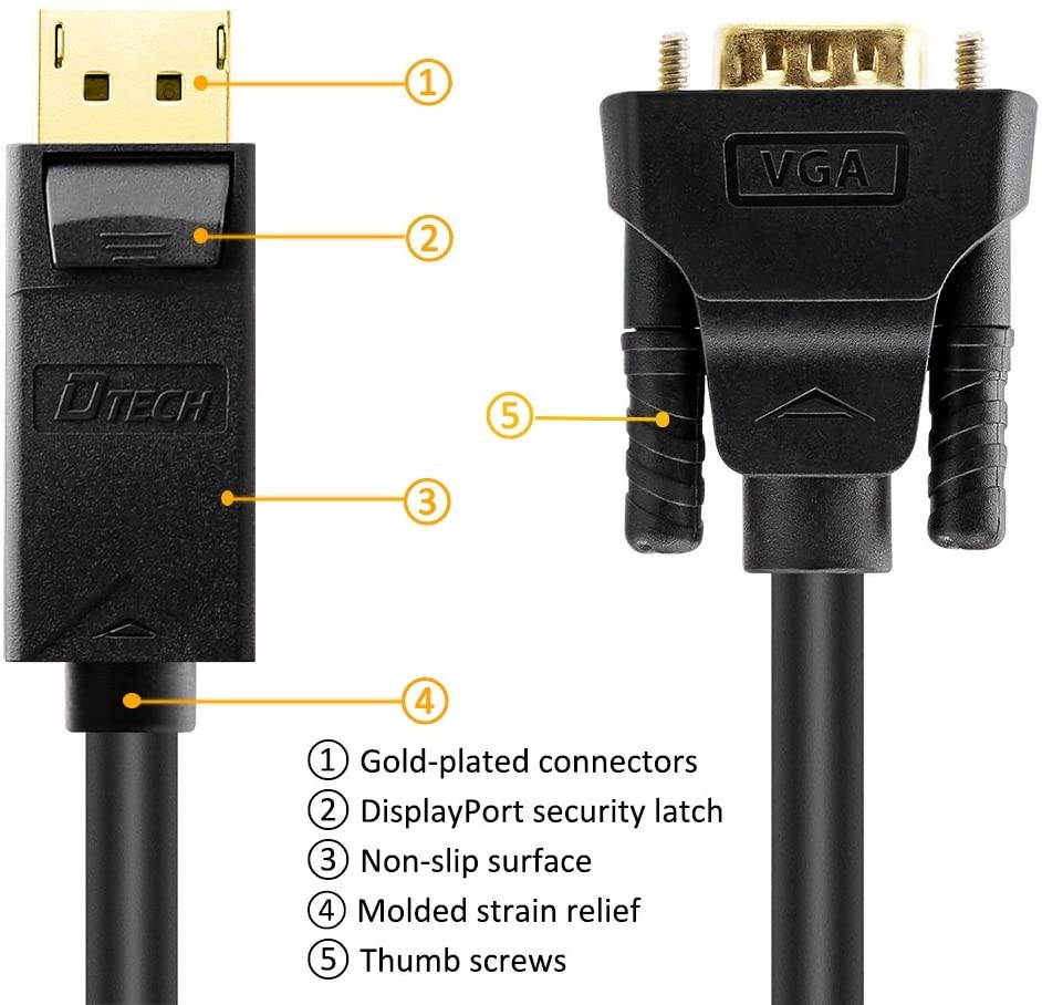DTECH 3ft Displayport to VGA Cable Male to Male Plug Video Adapter with Gold Plated Connector - Black - 3 Feet
