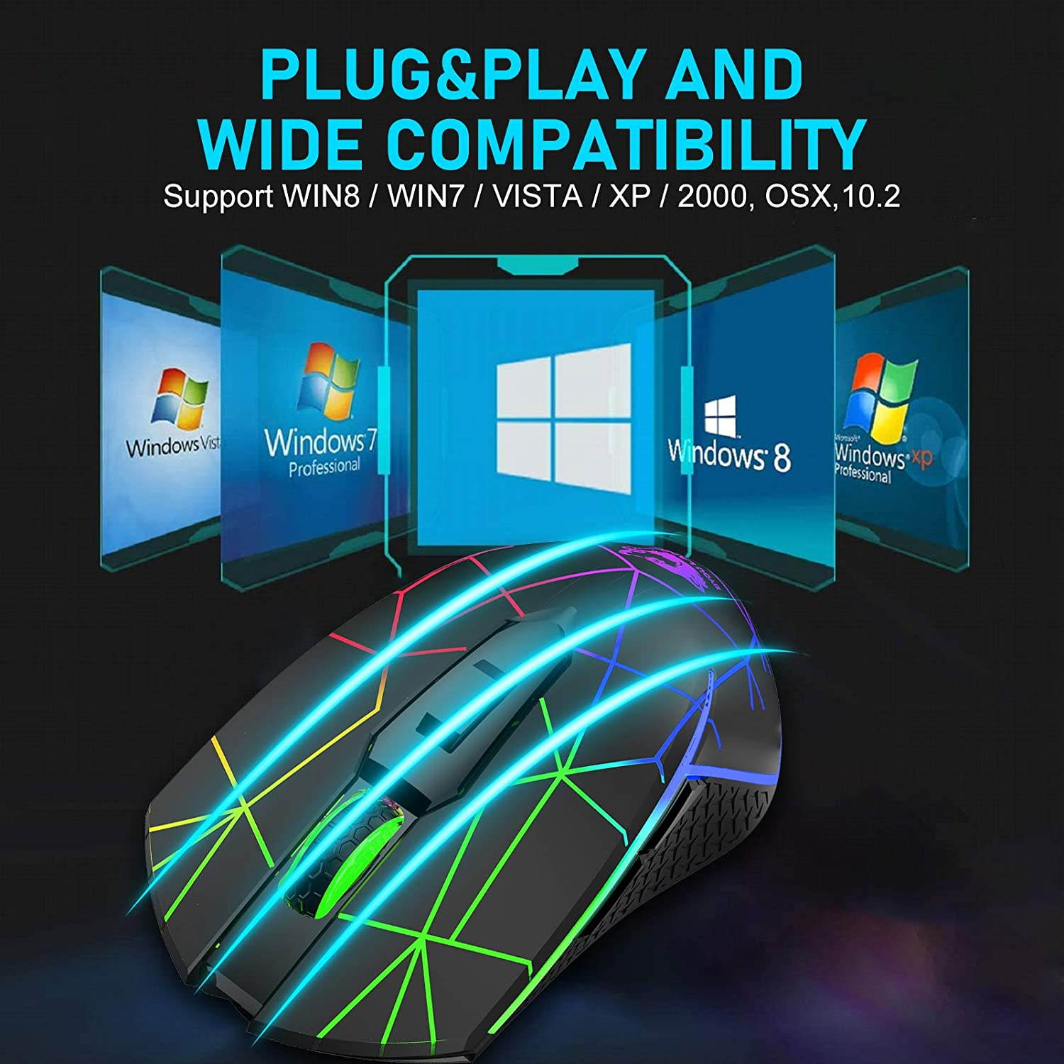 Wireless Gaming Mouse with 2.4Ghz USB Receiver Rainbow RGB Backlight Adjustable DPI Silent Click Rechargeable Ergonomic 6 Buttons Gaming Mouse for Computer Laptop PC Mac Gamer Office Use