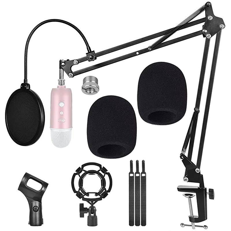 Microphone Suspension Stand Adjustable Boom Scissor Arm Stand with Shock Mount Mic Clip Holder 38 to 58 Screw Adapter Pop Filter and Foam Windscreens Radio Broadcasting and Recording