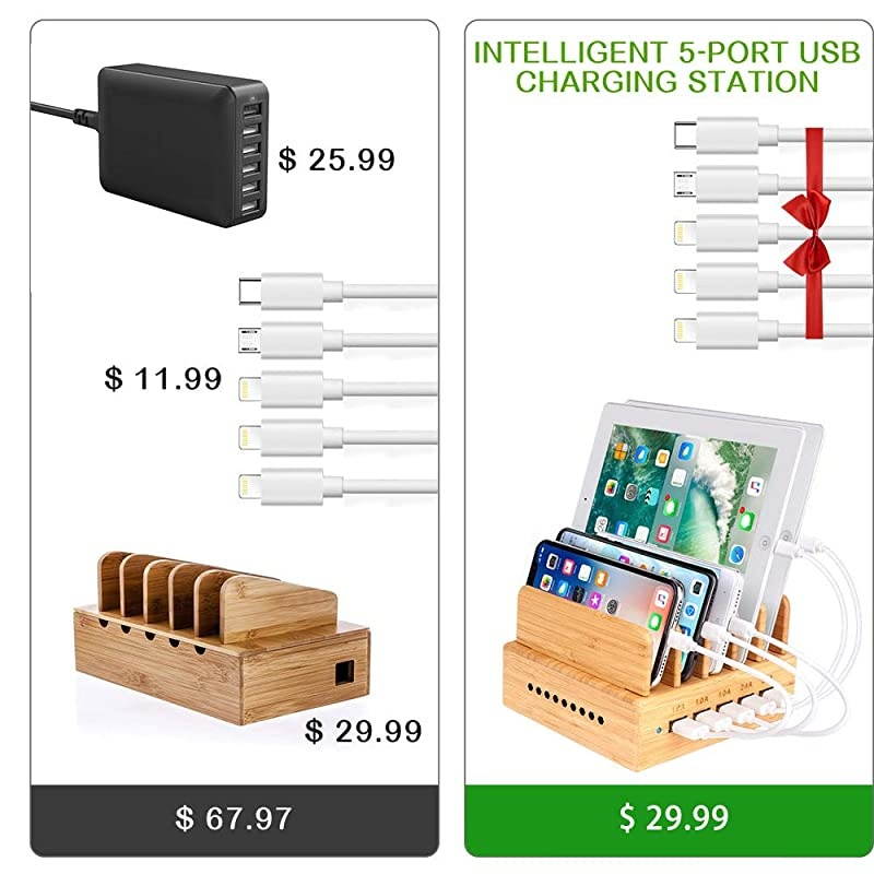Bamboo Charging Station Wood Charging Station for Multiple Devices with 5 Ports USB Charger Docking Station for iPhone iPadTablet and Android Cell Phone