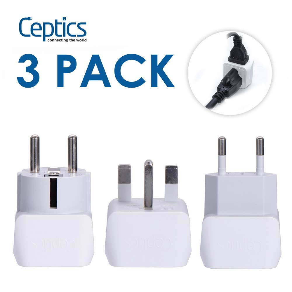 Ceptics European Travel Adapter Set - 2 In 1 USA to Europe, Germany, England, Spain, Italy, Iceland, France, (Type G, E/F, Type C) - 3 Pack, Safe Grounded Perfect for Cell Phones, Laptops (CT-EU-SET)