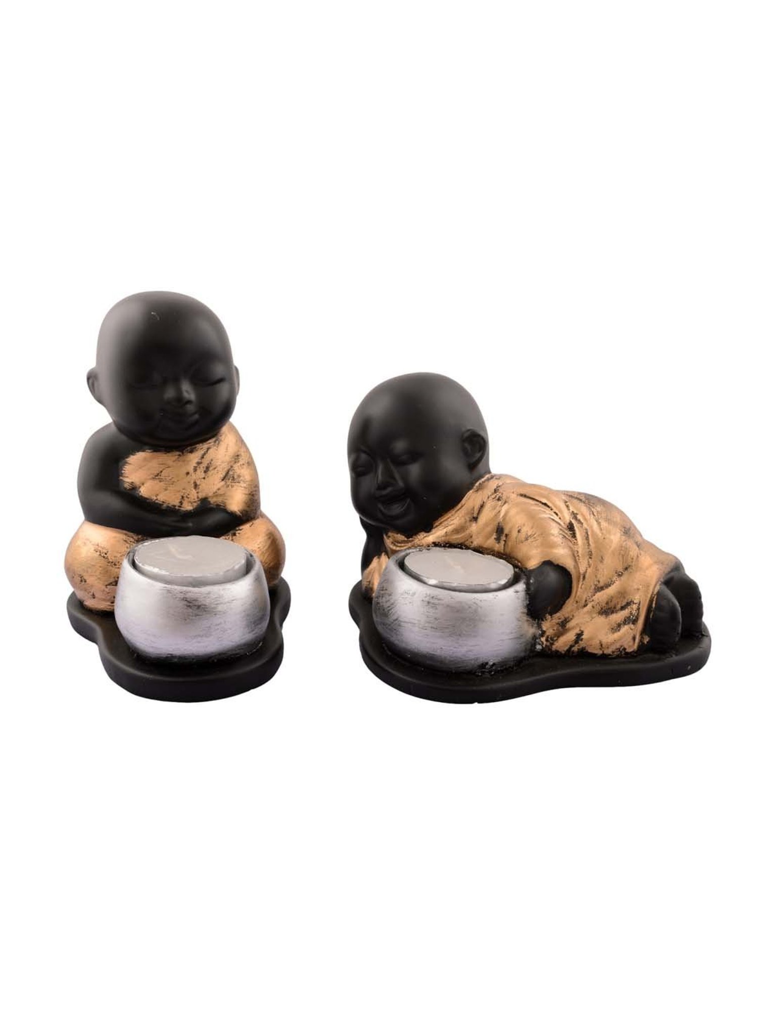 eCraftIndia Set of 2 Golden Monks Polyresin Tealight Holder