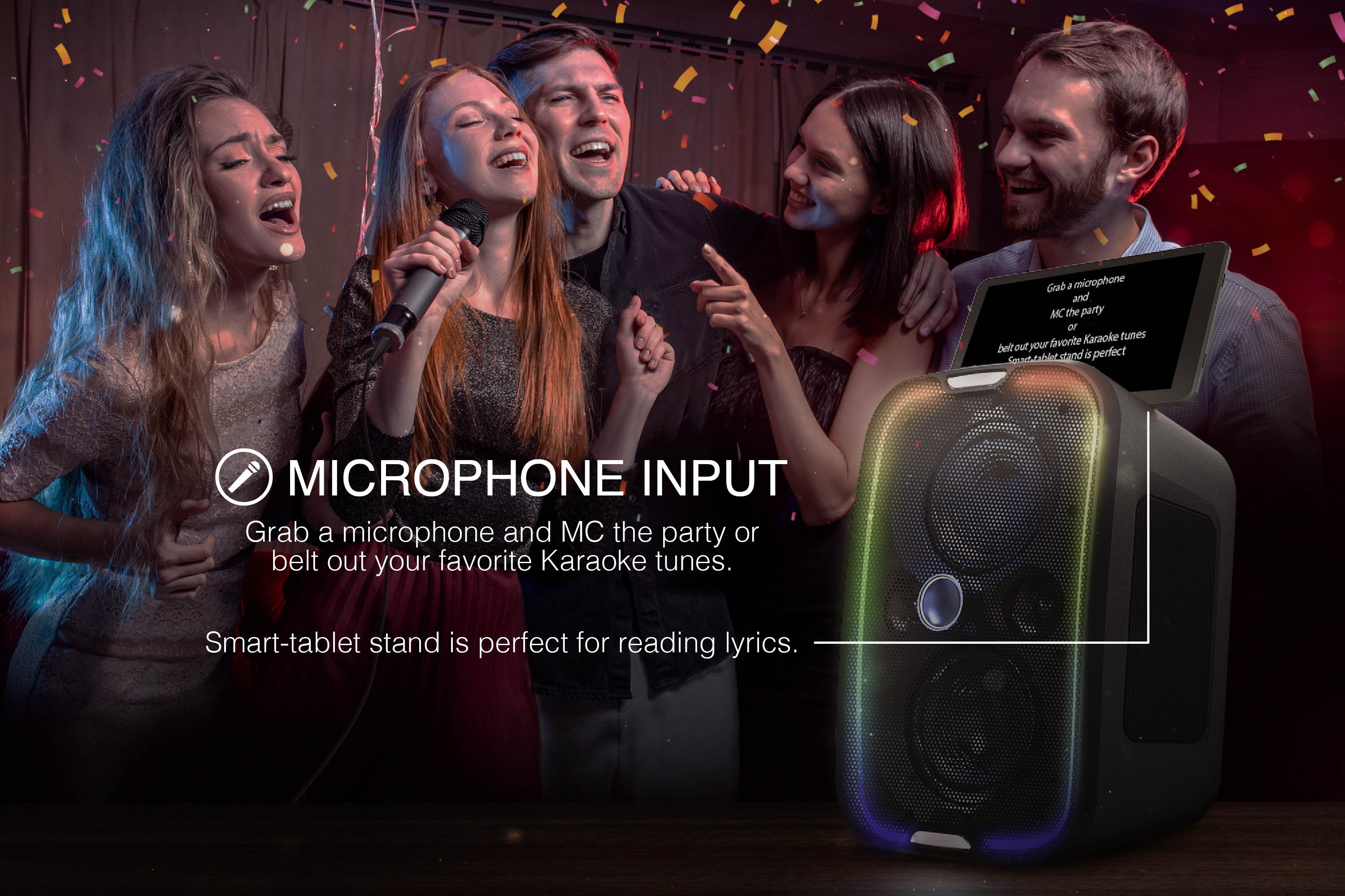 Brookstone Big Blue Go High Power Wireless Indoor/Outdoor Portable Speaker, Bluetooth, Built-in Qi Charging Pad, LED Party Lights, Karaoke Mic Input, High-Res Audio, Intense Bass, IPX5, Tap-to-Link