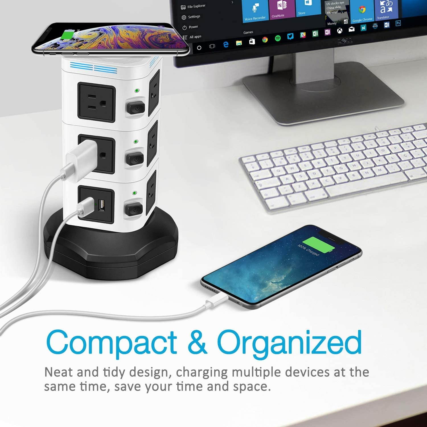 Power Strip Tower  Surge Protector Tower Fast Wireless Charger + 4 USB 5V/5A Ports + 3000W 13A 10 Outlet Plugs + Charging Tower with 6ft Long Extension Cord for Home Office