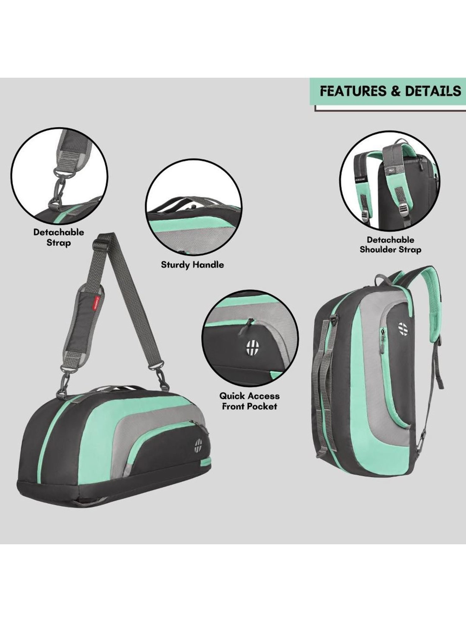 Harissons Jake Gym Grey & Mint Polyester Color Block Duffle Bag