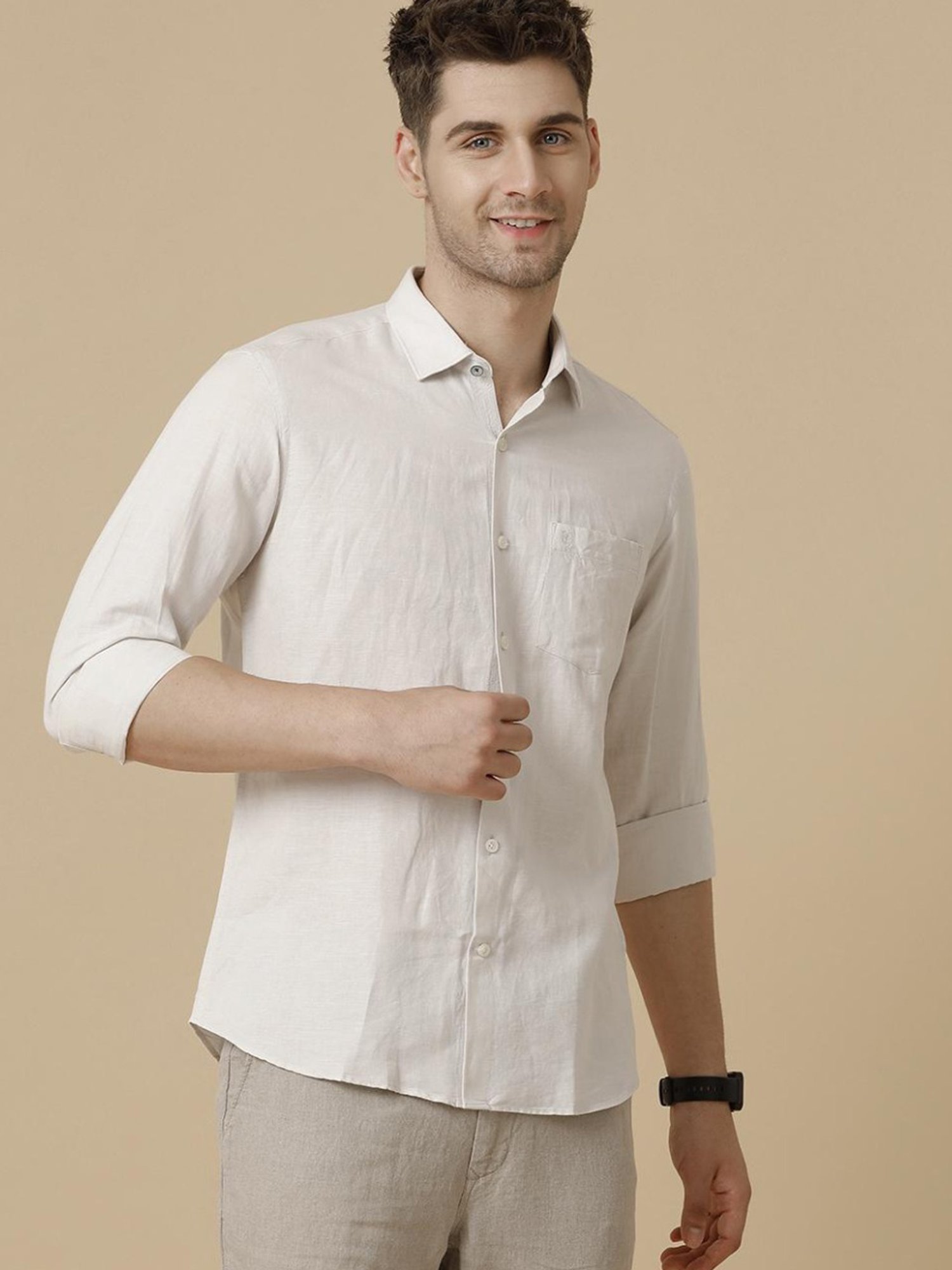 Linen Club Beige Linen Contemporary Fit Shirt