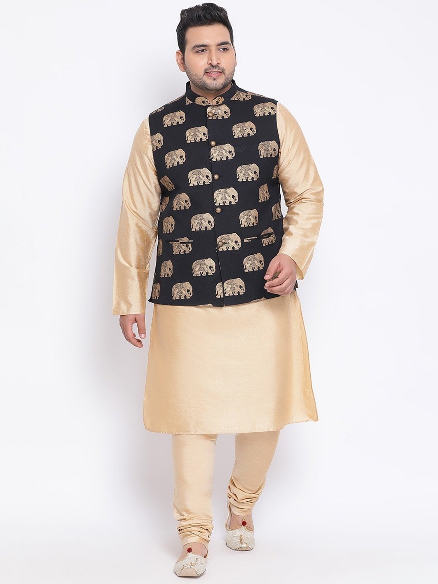 KISAH PLUS Black & Cream Regular Fit Printed Kurta Set With Jacket