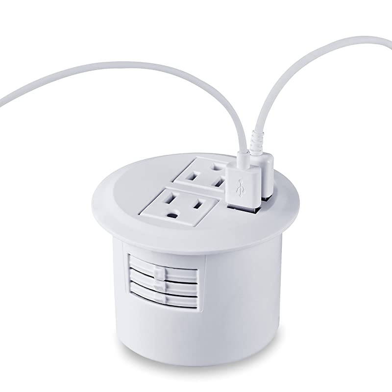 Desktop Power Grommet Power Outlet Socket Desk Data Center 2 Outlet with 2 USB Ports with 10 FT Extension CordWhite