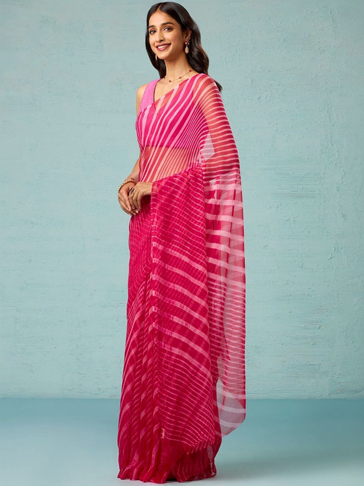 Taneira Pink Striped Saree With Unstitched Blouse