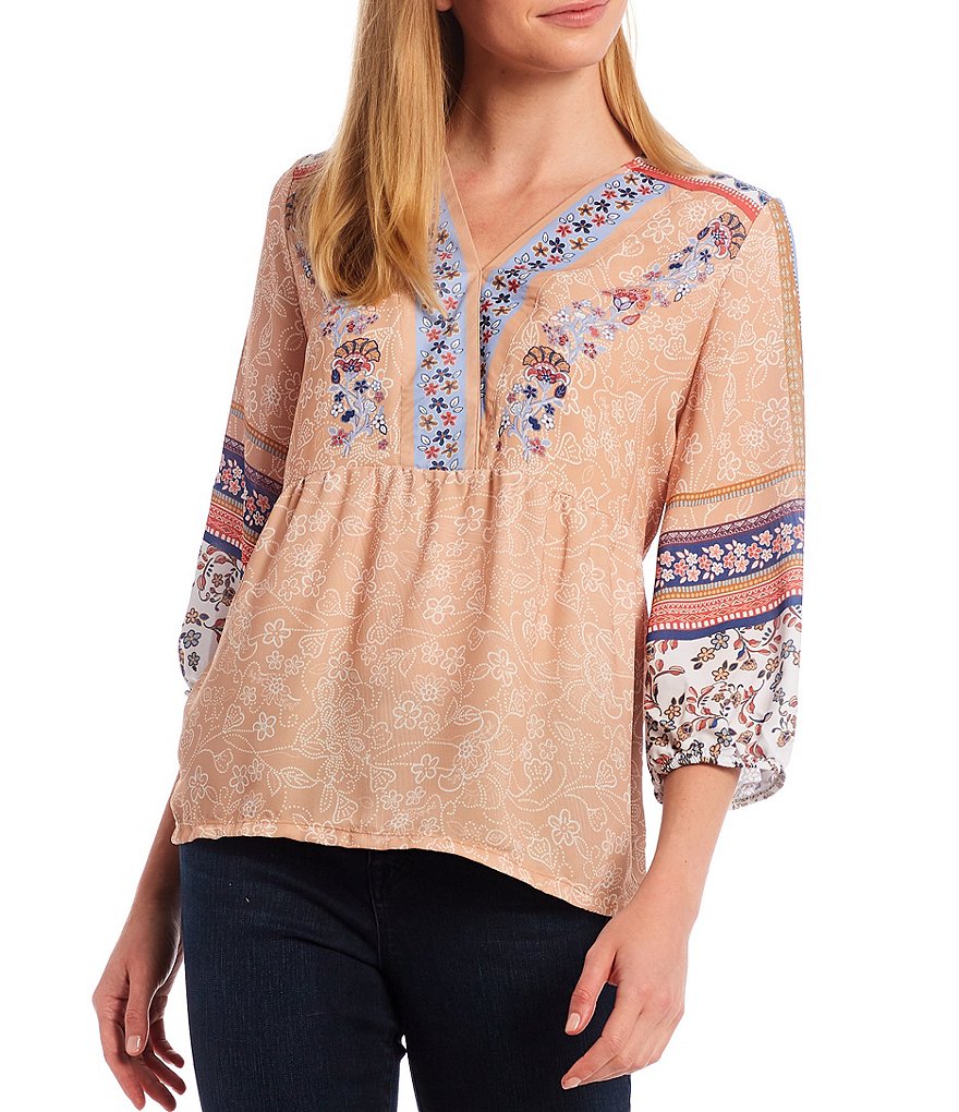 One World Apparel Mixed Floral Border Print Woven V-Neck 3/4 Sleeve Babydoll Top
