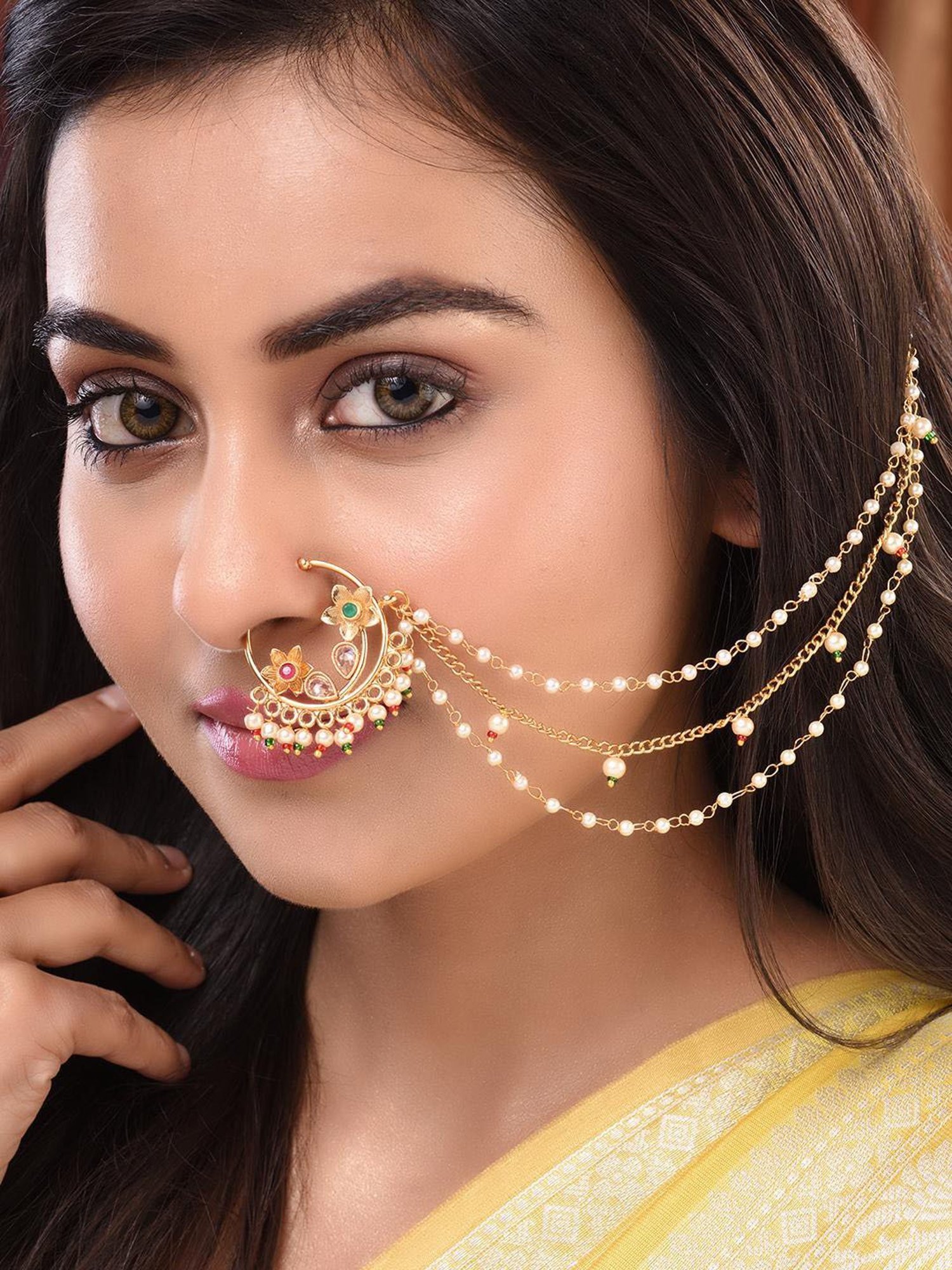 Saraf Rs Jewellery Gold Plated  Red& White Pearl Beaded Floral Nose Ring