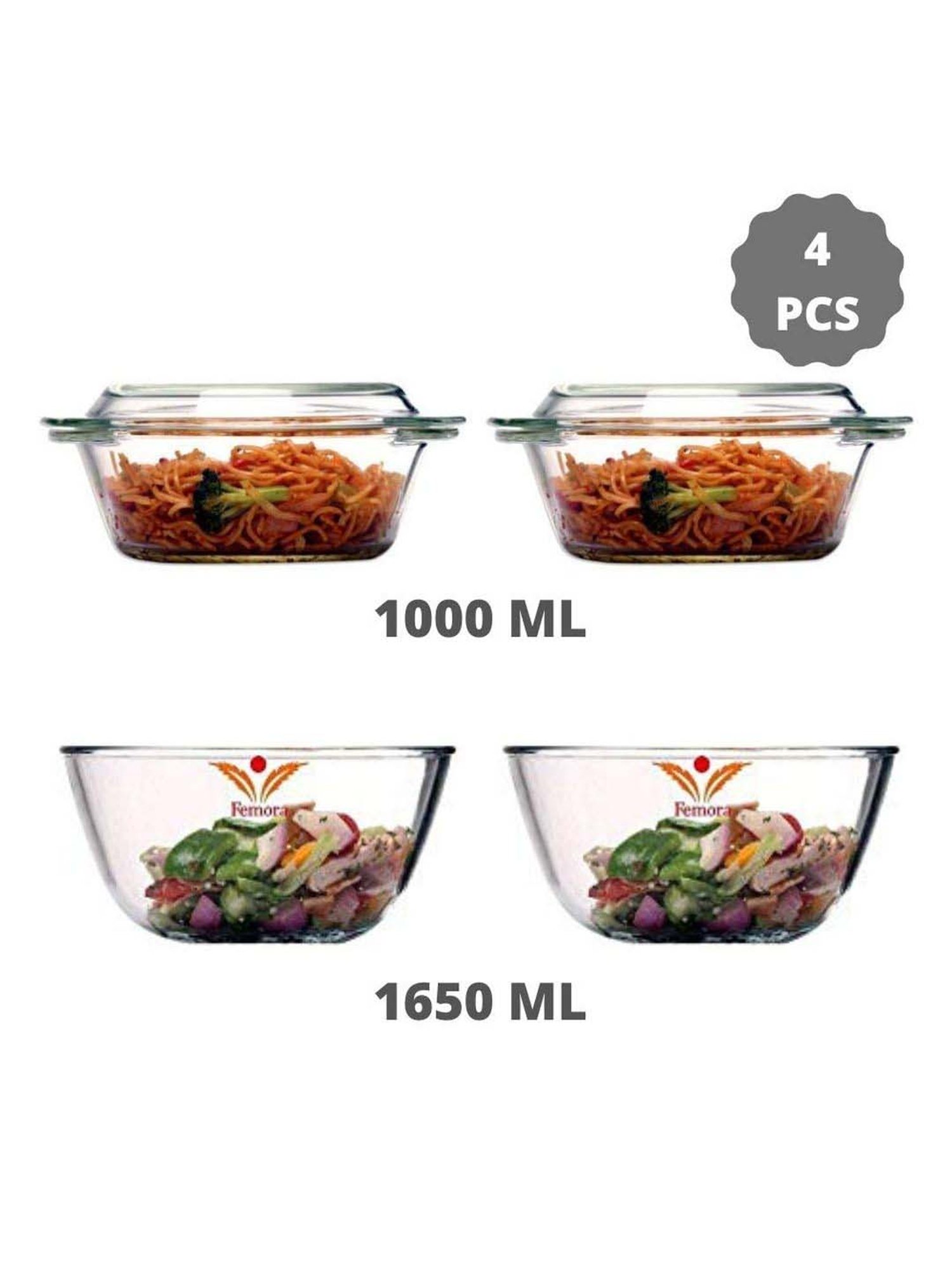 Femora Borosilicate Glass Microwave Safe Serveware Set (1650 ml & 1000 ml) - Set of 4