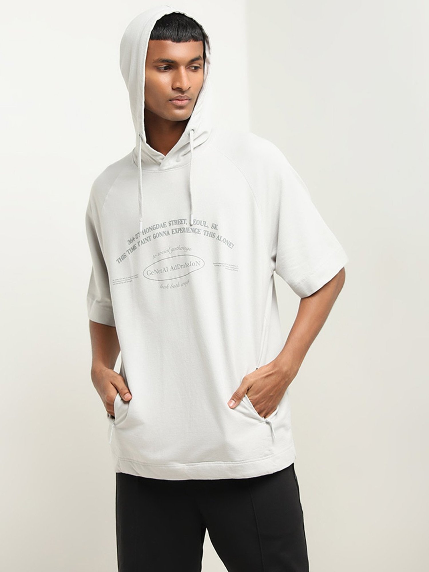 Studiofit by Westside Light Grey Text Design Relaxed-Fit Hooded T-Shirt
