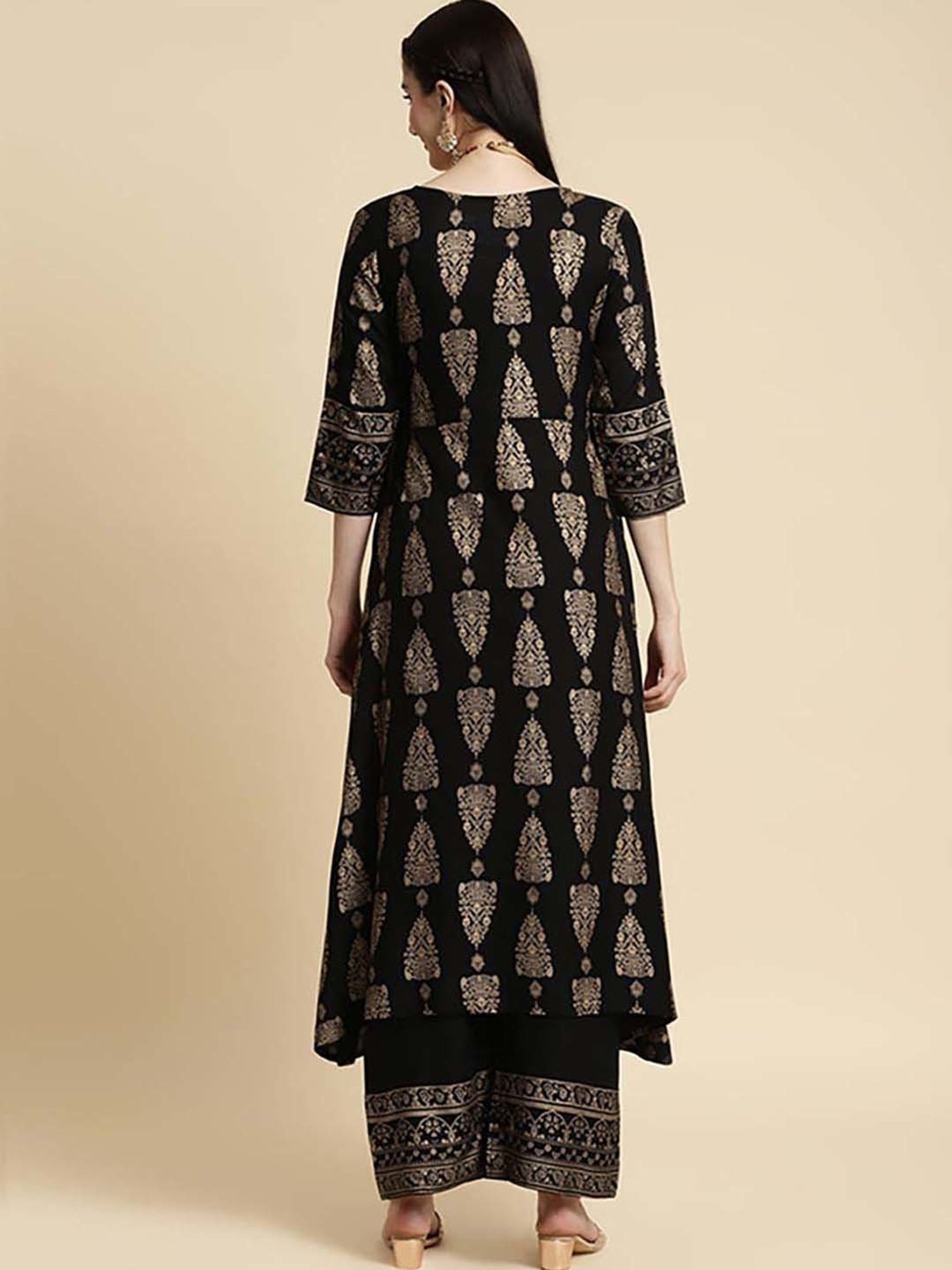 Rangita Black Floral Print Kurta Palazzo Set