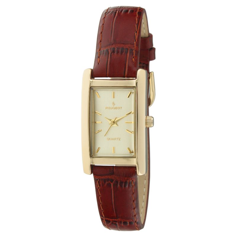 Peugeot Women's Gold Tone Rectangular Brown Leather Strap Watch