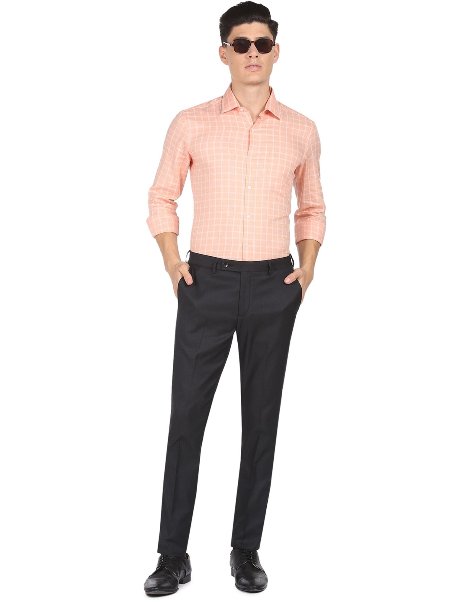 Arrow Orange Cotton Slim Fit Checks Shirt