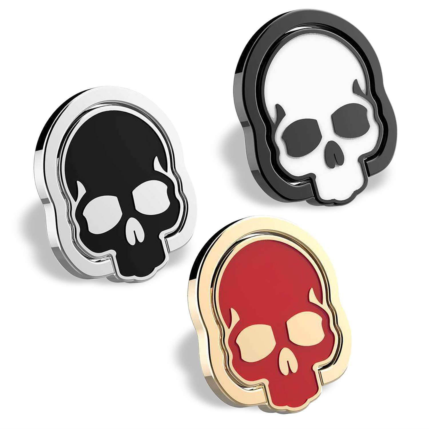 homEdge Cell Phone Skull Ring Grip, Set of 3 Packs 360&deg; Adjustable Finger Ring Holder, Suitable for Magnetic Car Mount Kickstand for Cell Phone-Black+White+Red