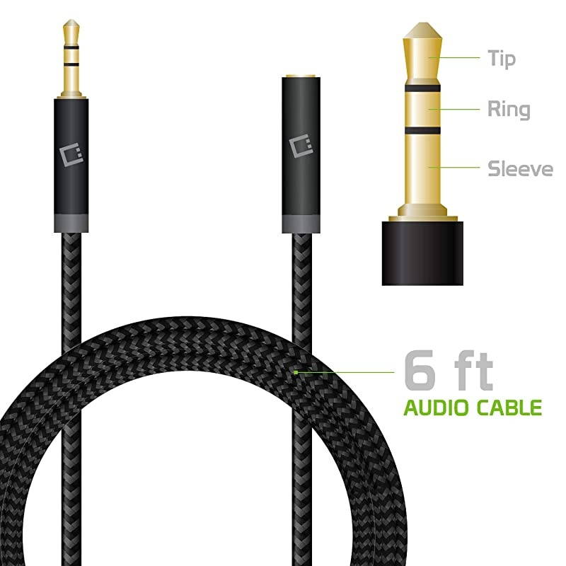 6Feet Gold Plated 35mm Male to Female Audio Extension Cable for Headphones Audio Aux and Car Stereo Retail Packaging