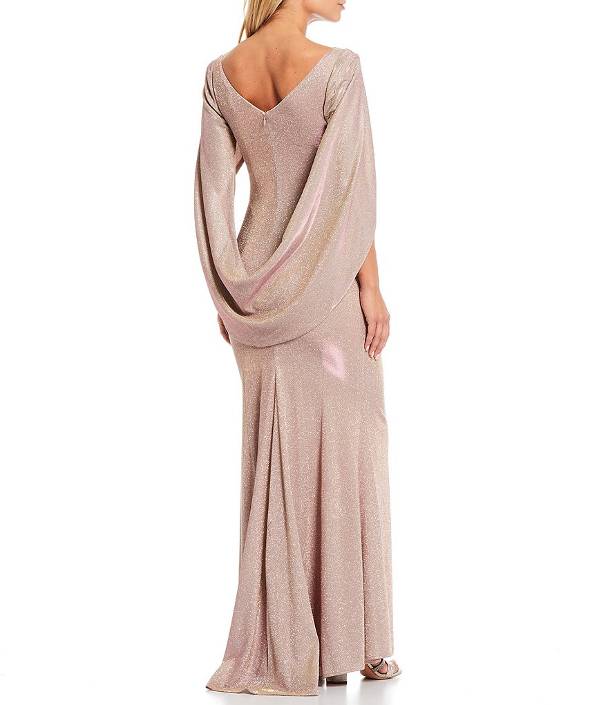 Betsy & Adam Drape Back Cowl Neck Galaxy Glitter Sheath Gown