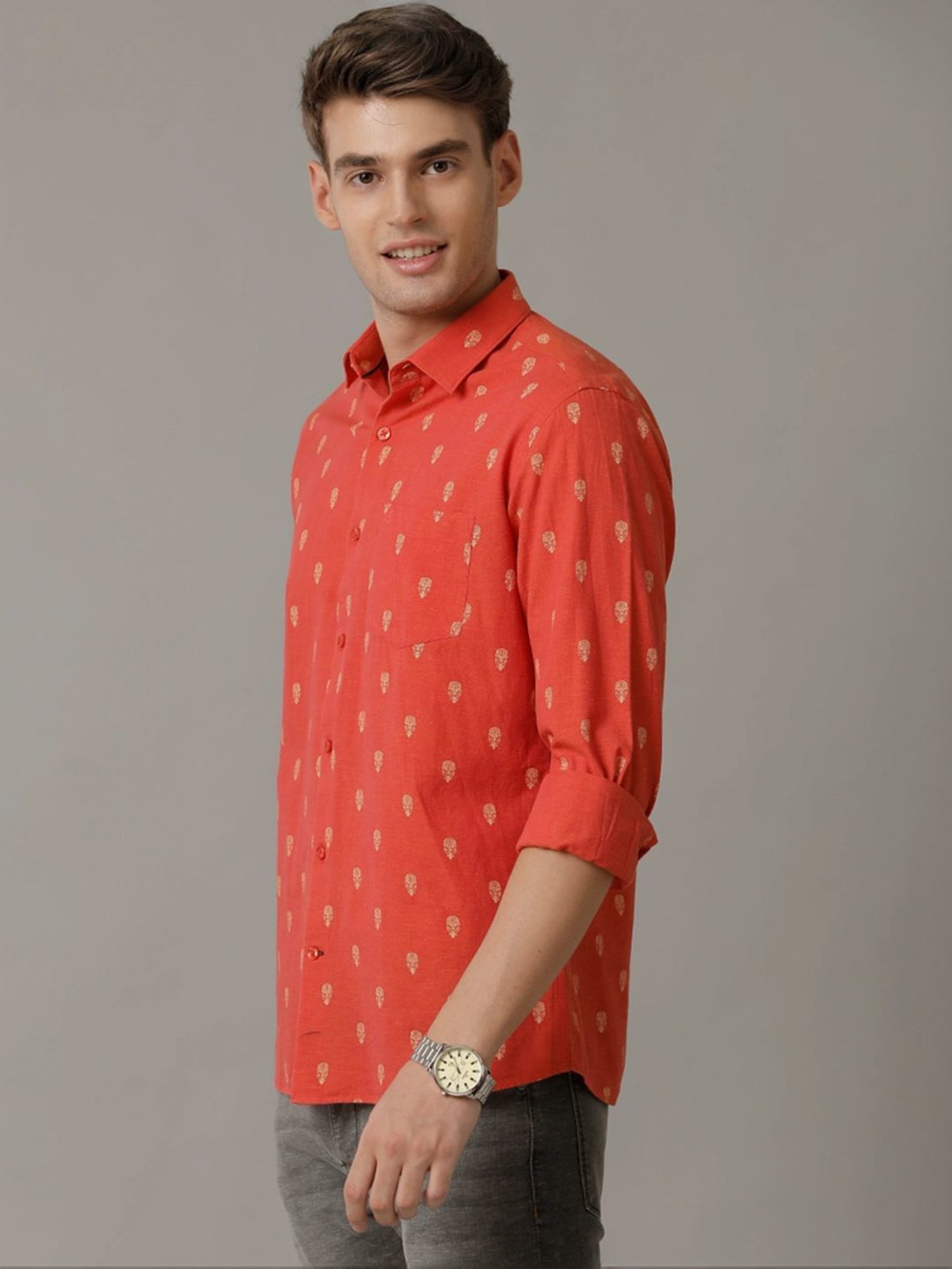 Cavallo By Linen Club Red Linen Contemporary Fit Printed Shirt