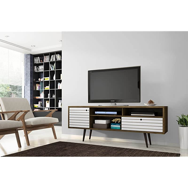 Liberty Collection Mid Century Modern TV Stand With Three Shelves, One Cabinet and One Drawer With Splayed Legs, Wood/White