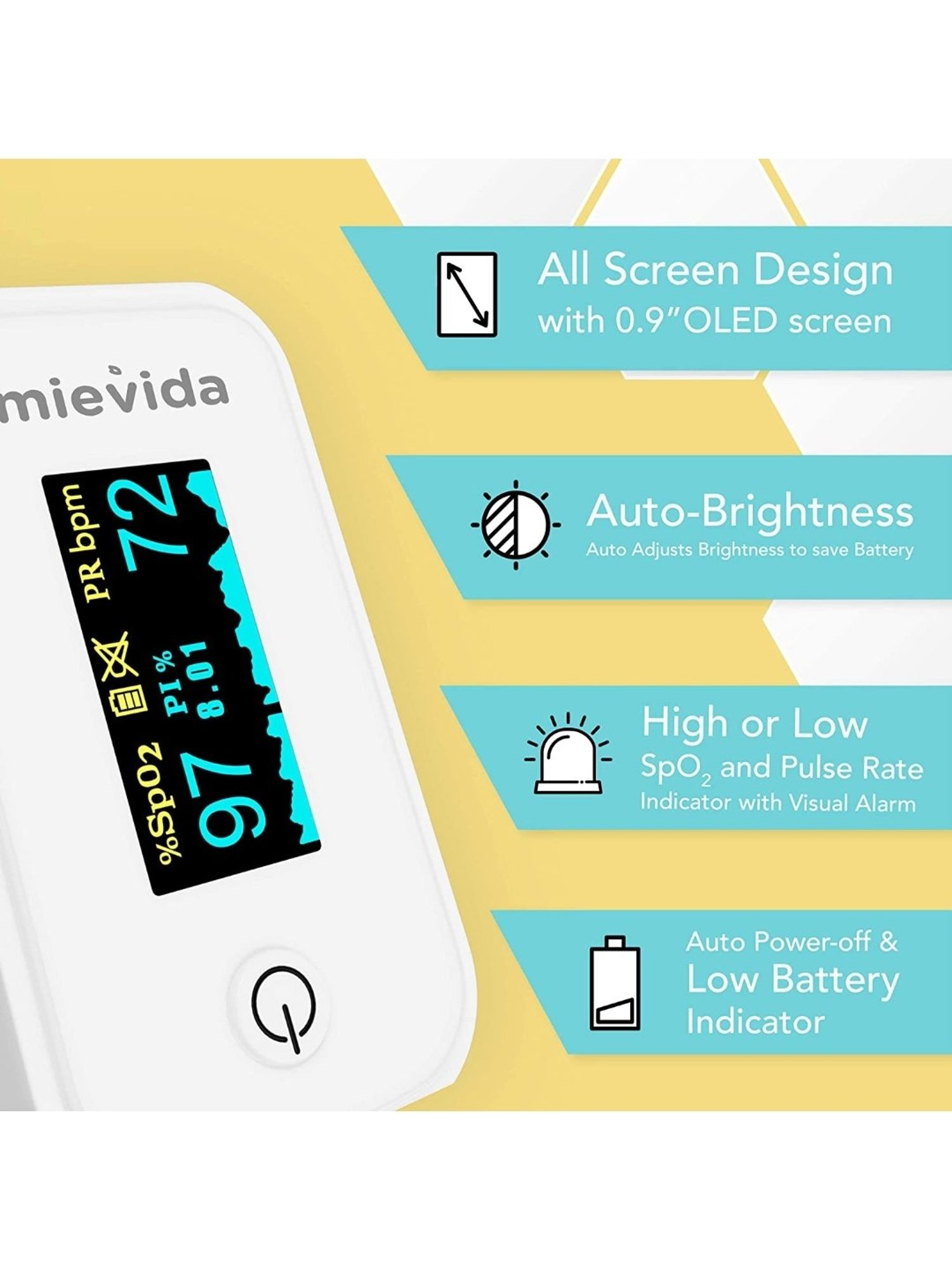 Mievida Finger Tip Pulse Oximeter with OLED Display, Hi or Low Spo2, Pulse Rate Indicator