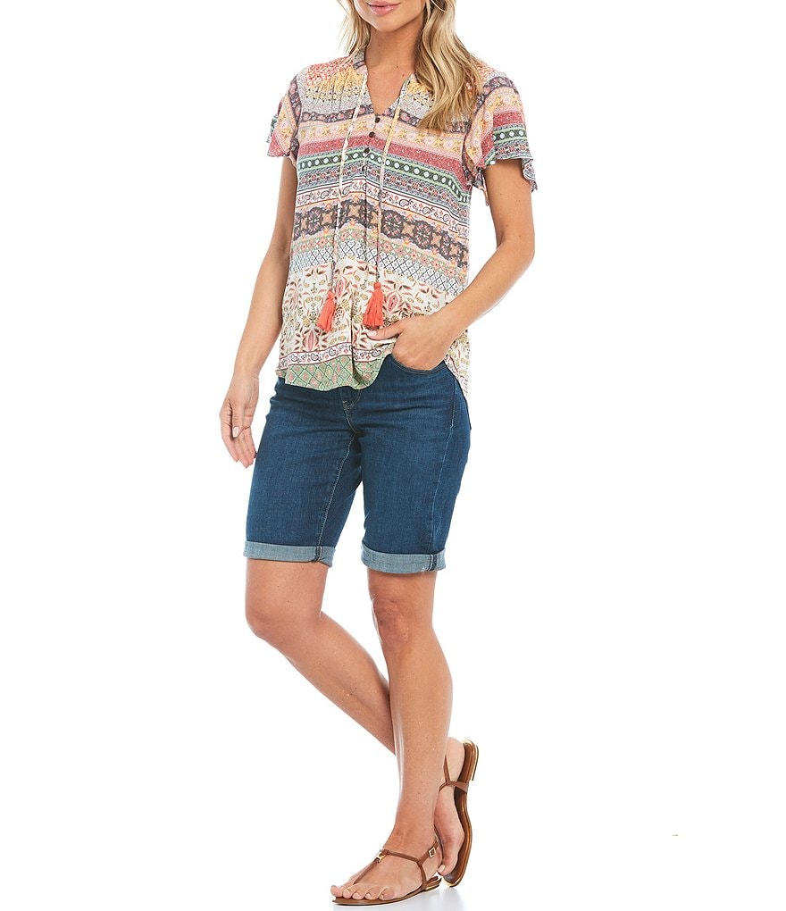 One World Apparel Multi Color Print Tassel Tie Notch Neck Flutter Sleeve Top