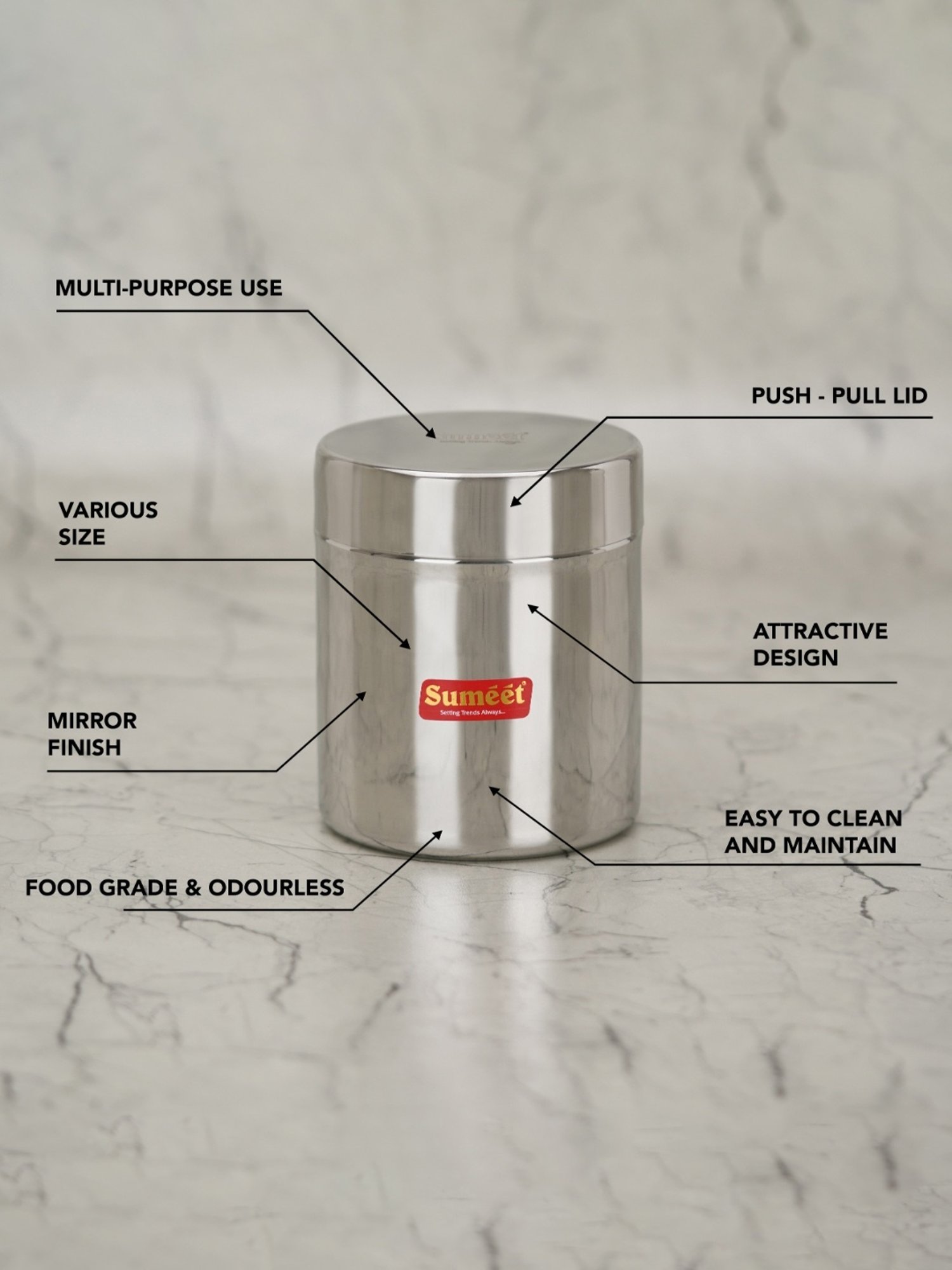 Sumeet S.S. Small Canisters/Jars/Ubha Dabba/Storage Containers set of 6Pcs, 350ml each, 7.5cm Dia