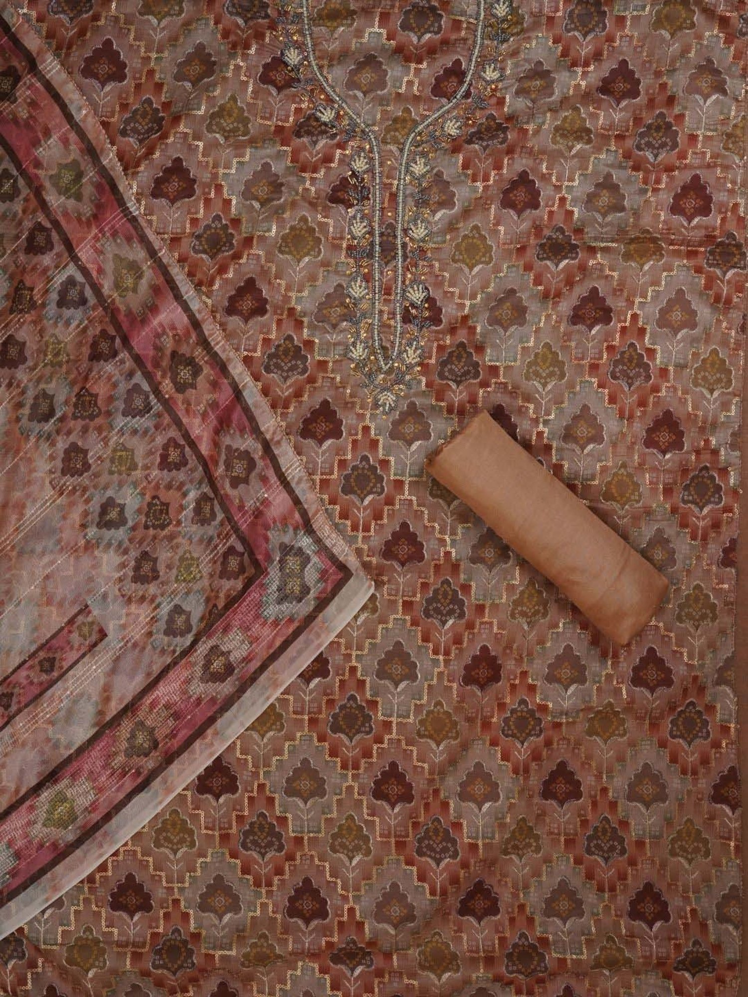 Jaipur Kurti Rust Embroidered Unstitched Dress Material