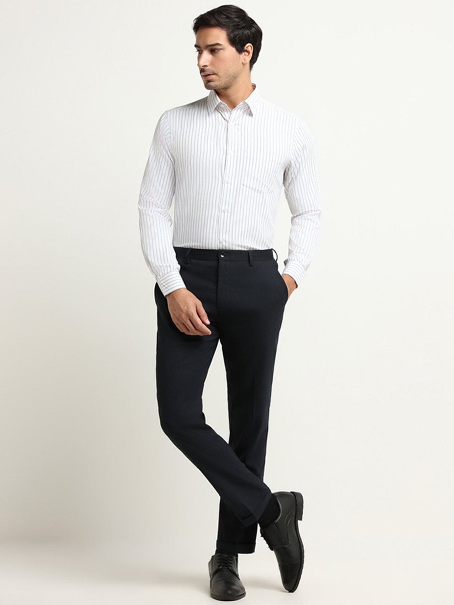 WES Formals by Westside Grey Striped Slim Fit Shirt