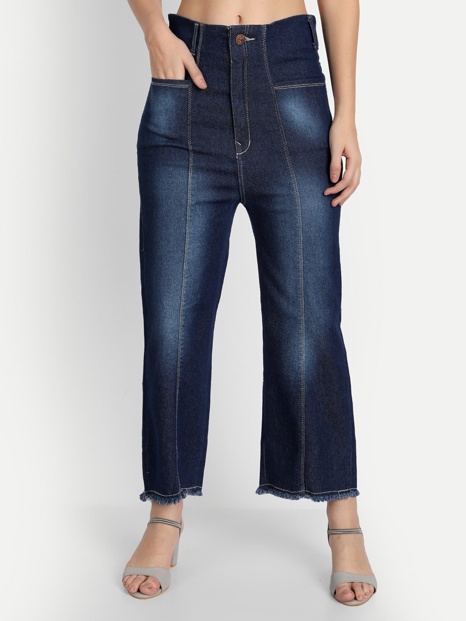 Angelfab Dark Blue Cotton Relaxed Fit High Rise Jeans