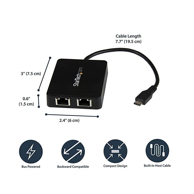 com USB-C to Dual Gigabit Ethernet Adapter with USB 3.0 (Type-A) Port - USB Type-C Gigabit Network Adapter (US1GC301AU2R)