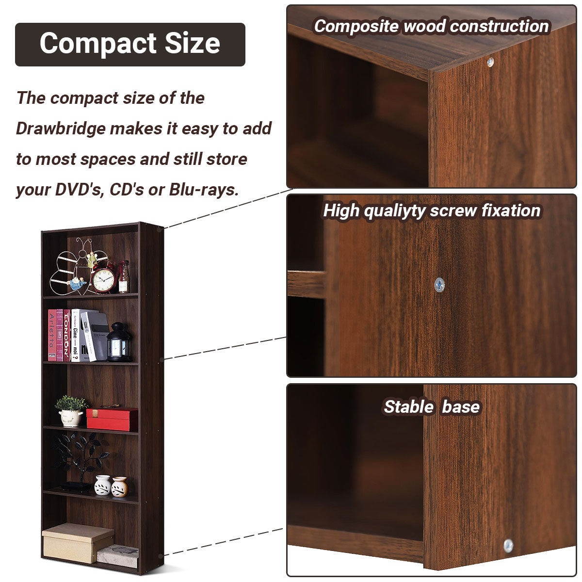 Costway 5-Shelf Storage Bookcase Stand Modern Multi-Functional Display Cabinet Walnut